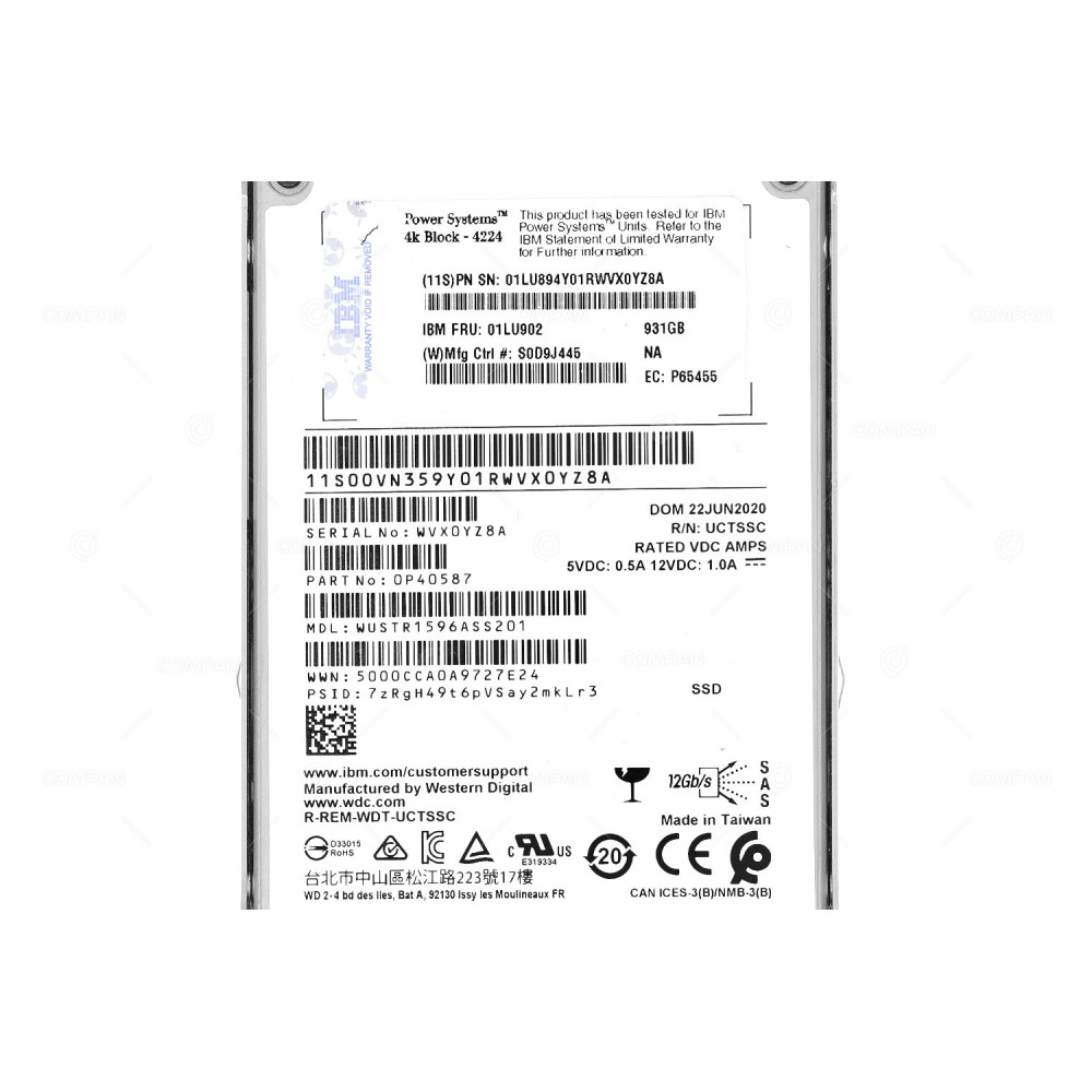 01LU902  IBM SSD 931GB SAS 12G TLC 2.5" SFF FOR IBM POWER9 S924